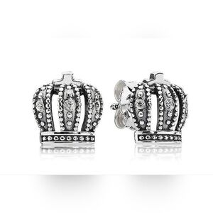 Pandora Silver Crown Stud Earrings with Clear Stones